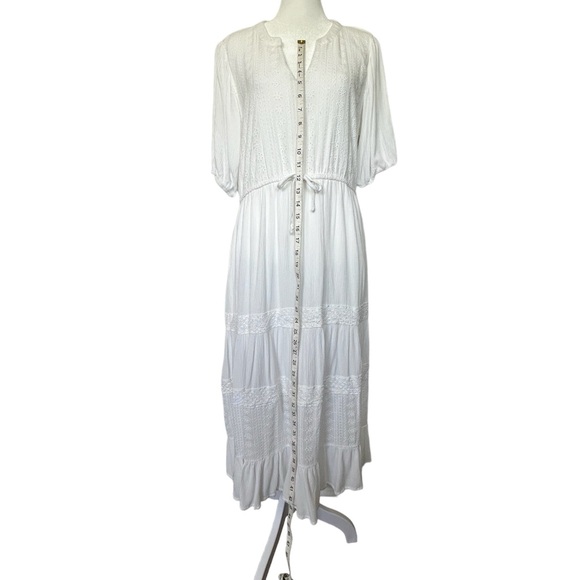Knox Rose boho white lace tiered drawstring waist embroidered midi dress - M - Picture 8 of 11